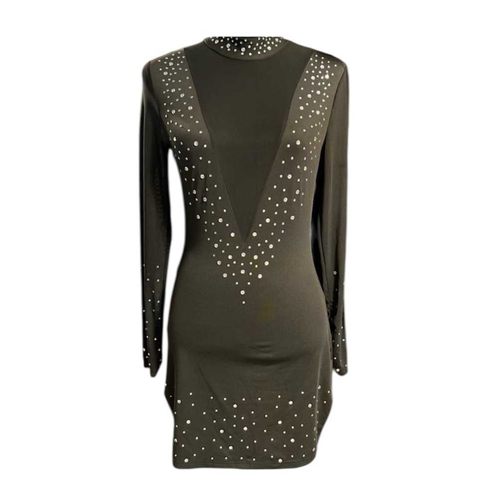 🖤🖤LIKE NEW-SEXY BLACK DRESS WITH LOW V SHEER FRONT WITH RHINESTONES SZ S🖤🖤